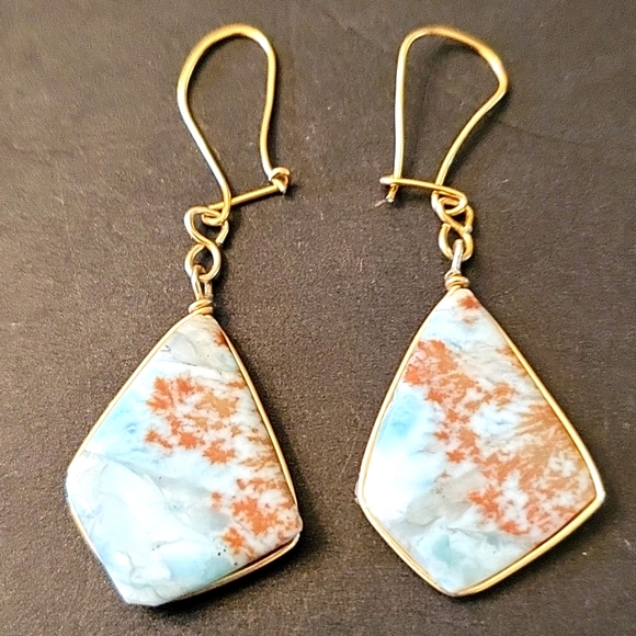 NEW Natural Semi-Precious Stones Earrings, Coastal Blue & Brown, Gold Wire - Picture 1 of 11